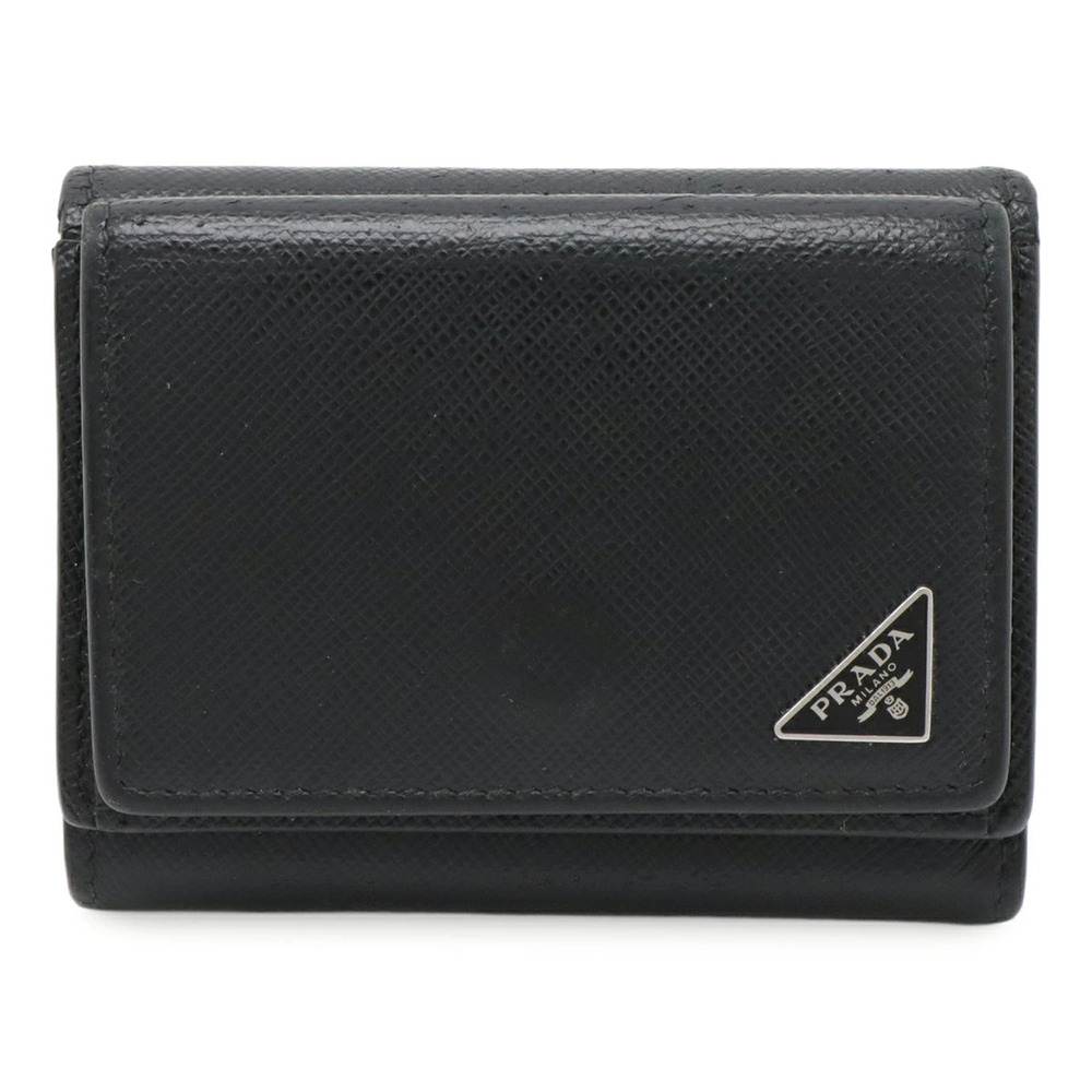 Prada Triangle Compact Wallet Tri fold Saffiano Leather NERO Black